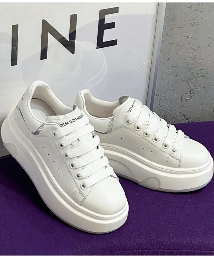 ZXRYXGS 2025 Spring Genuine Leather  Breathable Comfortable Shoes Woman New Thick Sole Wedges Increase Casual Sneakers White