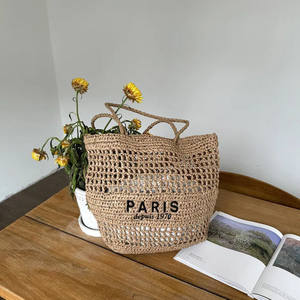 Hylhexyr Women's Letter Embroidered Shoulder Bag Woven Straw Bag Large Capacity Empty Holiday Beach Bags