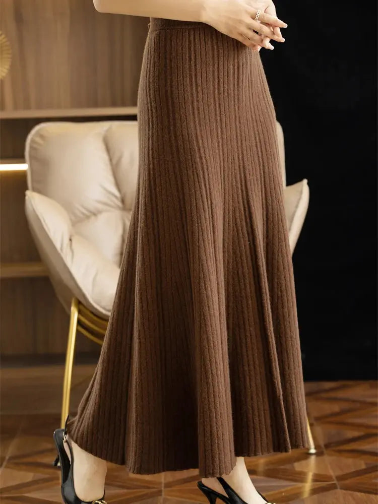 Elegant Women's Pleated Skirt 100% Merino Wool Skirt A-Line Long Skirt Soft Warm Autumn Winter Dress Slim Elastic Waist Office PlatiNum