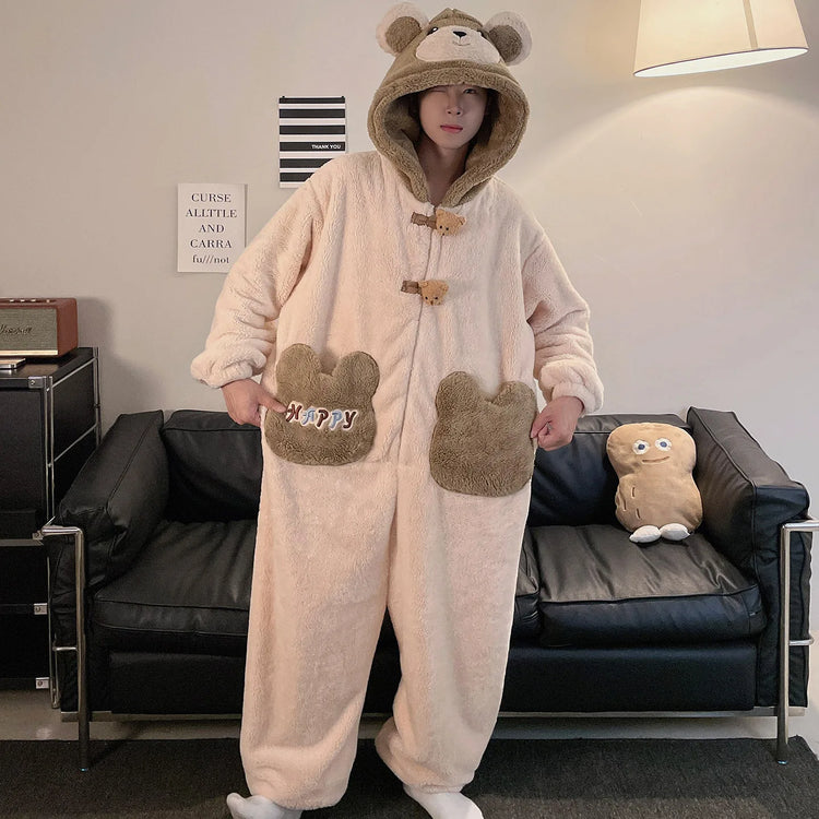 Winter Pajamas Cartoon Bear Costume Pijama Kawaii Adult Couples Kigurumis Sleepwear Jumpsuits Coral Fleece Loose Warm Homewear