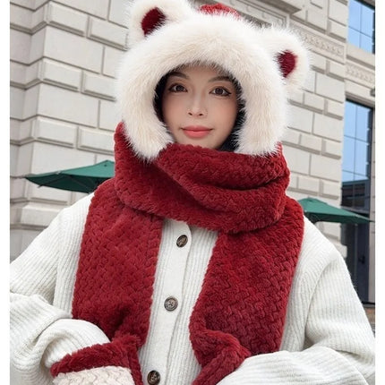 Women's Hat Beanie Balaclava Winter Cap Winter Women's Cute Thickened Fox Plush Hat Scarf Glove Three-in-one Cycling Warmth