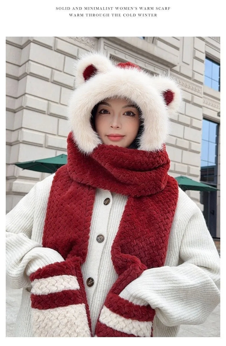 Women's Hat Beanie Balaclava Winter Cap Winter Women's Cute Thickened Fox Plush Hat Scarf Glove Three-in-one Cycling Warmth