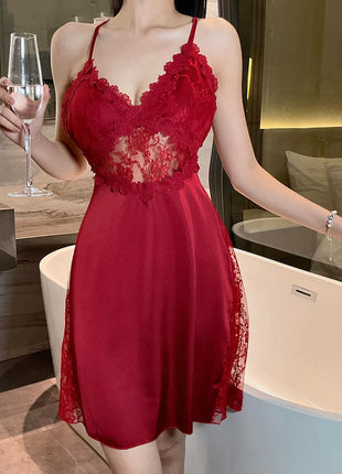 2025 nuova camicia da notte sexy canotta da donna in pizzo indumenti da notte per la casa in raso co