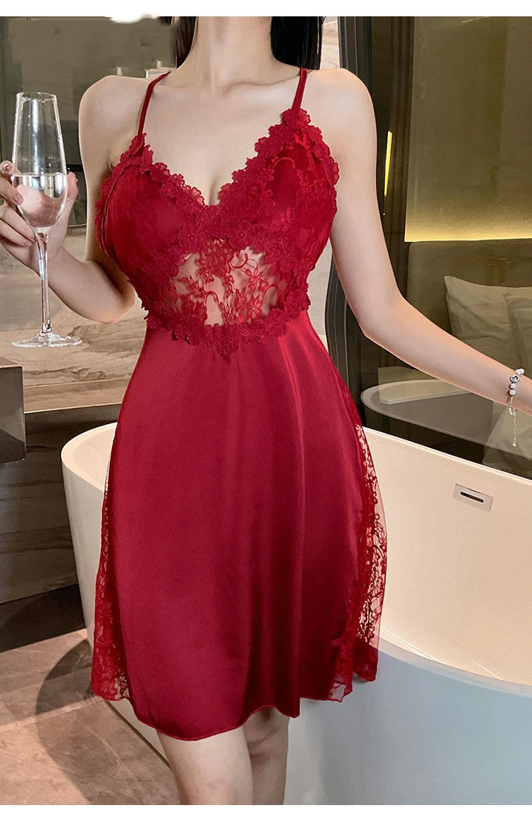 2025 nuova camicia da notte sexy canotta da donna in pizzo indumenti da notte per la casa in raso co
