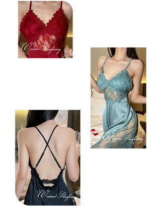 2025 nuova camicia da notte sexy canotta da donna in pizzo indumenti da notte per la casa in raso co