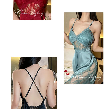 2025 nuova camicia da notte sexy canotta da donna in pizzo indumenti da notte per la casa in raso con scollo a V profondo backless canotta di lusso indumenti da notte plus size rosso nero