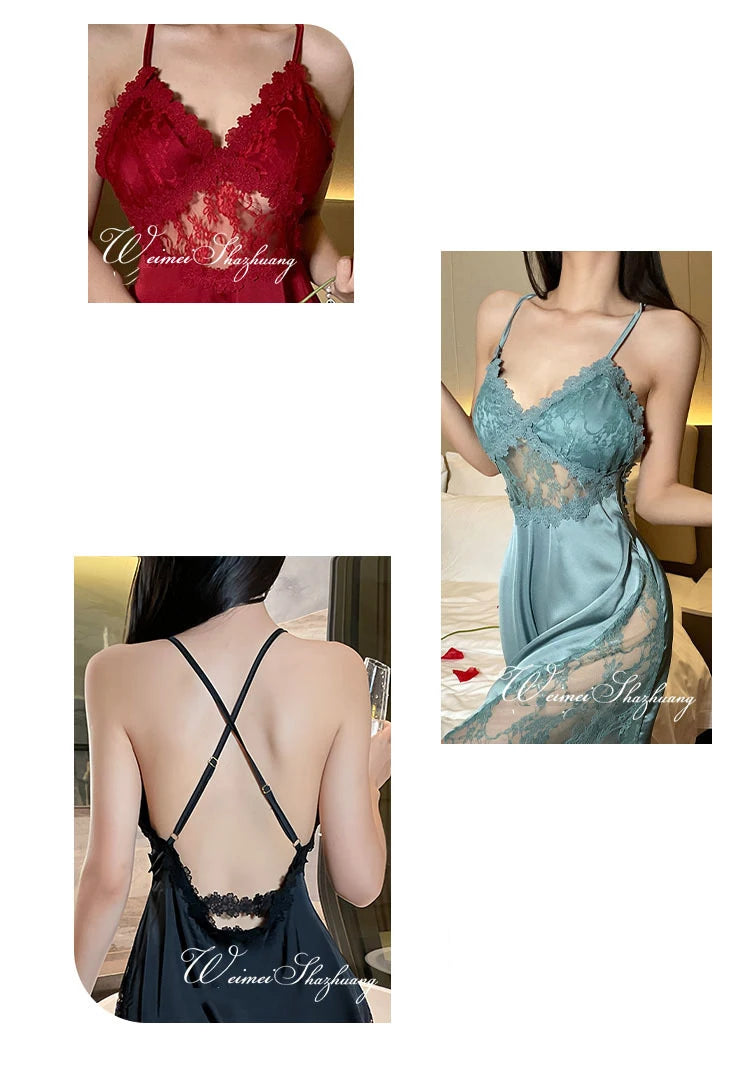 2025 nuova camicia da notte sexy canotta da donna in pizzo indumenti da notte per la casa in raso co
