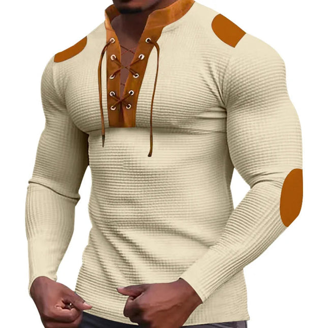 Cross-border new men's waffle color matching strap V-neck top casual long-sleeved bottoming T-shirt PlatiNum