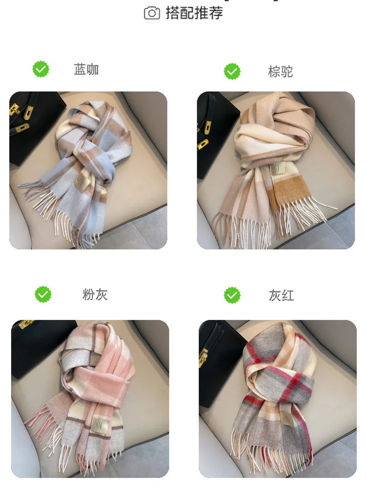 High Quality 100% Pure Wool Scarf Women Classic Chic  Autumn Winter Colorful Plaid Tassel Warm Muffler Female Thermal Shawl Lady