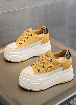 Fujin 9cm 3 inch comfortable platform sneakers for women Genuine Leather Women Vulcanized Shoes Platform High Heels Casual Shoes PlatiNum