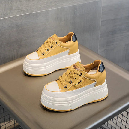 Fujin 9cm 3 inch comfortable platform sneakers for women Genuine Leather Women Vulcanized Shoes Platform High Heels Casual Shoes PlatiNum