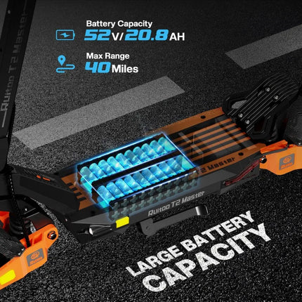 Potente Monopattino Elettrico T2 Master, 2400W, 52V 20.8Ah, Autonomia 65km, Doppio Motore, Pneumatici All-Terrain da 10'', Pieghevole