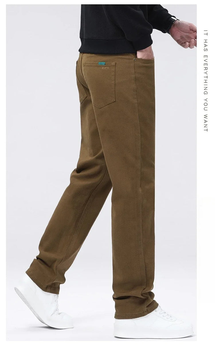 Men Straight Fit Jeans Autumn Elastic Soft Comfortable Solid Color Denim Pants Classic Fashion Casual Long Trousers Daily Wear