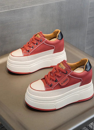 Fujin 9cm 3 inch comfortable platform sneakers for women Genuine Leather Women Vulcanized Shoes Platform High Heels Casual Shoes PlatiNum