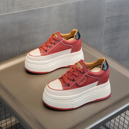 Fujin 9cm 3 inch comfortable platform sneakers for women Genuine Leather Women Vulcanized Shoes Platform High Heels Casual Shoes PlatiNum
