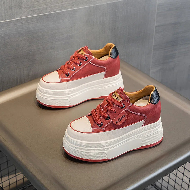 Fujin 9cm 3 inch comfortable platform sneakers for women Genuine Leather Women Vulcanized Shoes Platform High Heels Casual Shoes PlatiNum