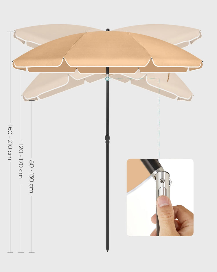 SONGMICS Ombrellone di 160 cm, UPF 50+, Inclinazione Bidirezionale a 30°, Altezza Regolabile, con Borsa da Trasporto, per Balcone Giardino Terrazzo Spiaggia, senza Base