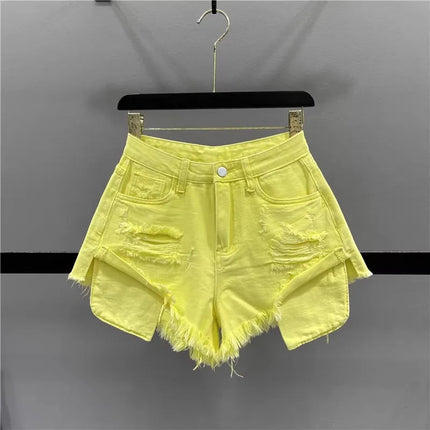 Tassel Piercing Denim Shorts for Women 2026 Summer New Style Spicy Girl High Waist Show Thin A-line Wide Leg Cowboy Short Pants PlatiNum