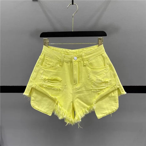 Tassel Piercing Denim Shorts for Women 2026 Summer New Style Spicy Girl High Waist Show Thin A-line Wide Leg Cowboy Short Pants PlatiNum