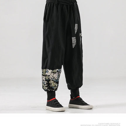 Pantaloni da uomo Costume da samurai giapponese Ukiyo-e Cintura con stampa Pantaloni stile harem da uomo in cotone e lino Pantaloni casual Harajuku da uomo Taglie forti 5XL