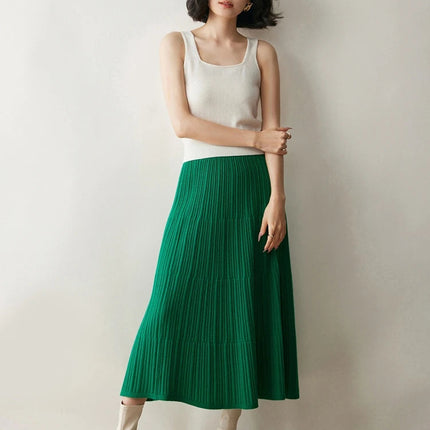 Autumn Winter Women Tiered Skirt Cashmere A-line Pleated Skirt Elastic Waist 100% Cashmere Knitted High Quality Soft Solid Dress PlatiNum