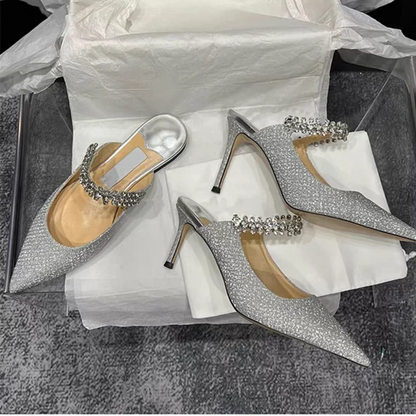 European and American Women Slippers 2025 Summer New Rhinestone High Heels Pointed Temperament Muller Shoes