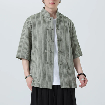 Camicie a Righe da Uomo Estive in Stile Cinese Tradizionale, Camicie Traspiranti in Lino, Abbigliamento Maschile Retrò per Kung Fu e Tai Chi, Completo Casual Tang