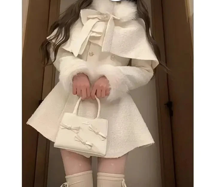 French Elegant Temperament Fur Collar Bow Cape Shawl + Slim Fit Double-breasted Dress 2 Pcs Sets Winter Plush Women Y2k Suits