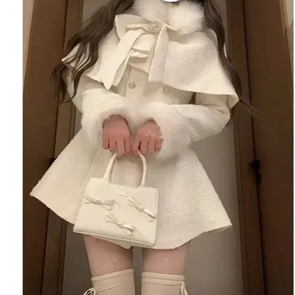French Elegant Temperament Fur Collar Bow Cape Shawl + Slim Fit Double-breasted Dress 2 Pcs Sets Winter Plush Women Y2k Suits
