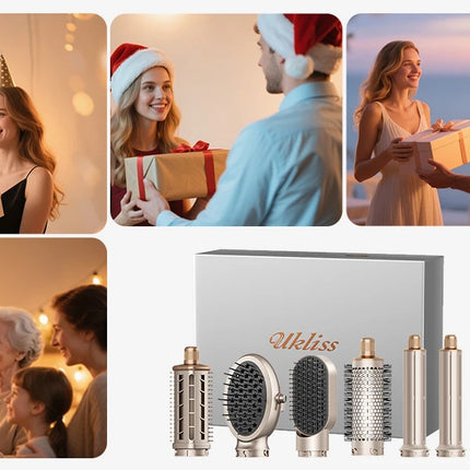 UKLISS 643 Champagne Color 8-in-1 Hot Air Styler Set, Detachable Multi Functional Hair Styling Tool, Hair Dryer, Curling Wand, Straightening Brush & Flat Iron All in One, Foldable Rotatable Auto Curler for Quick Drying, Smoot