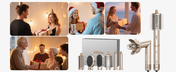UKLISS 643 Champagne Color 8-in-1 Hot Air Styler Set, Detachable Multi Functional Hair Styling Tool, Hair Dryer, Curling Wand, Straightening Brush & Flat Iron All in One, Foldable Rotatable Auto Curler for Quick Drying, Smoot