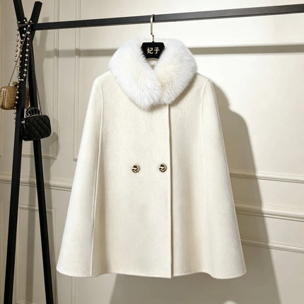 Korean Elegant Fashion Celebrity Woolen Cape Coats Women's Autumn Winter Plush Collar Double-breasted Versatile Wool Jacket Coat