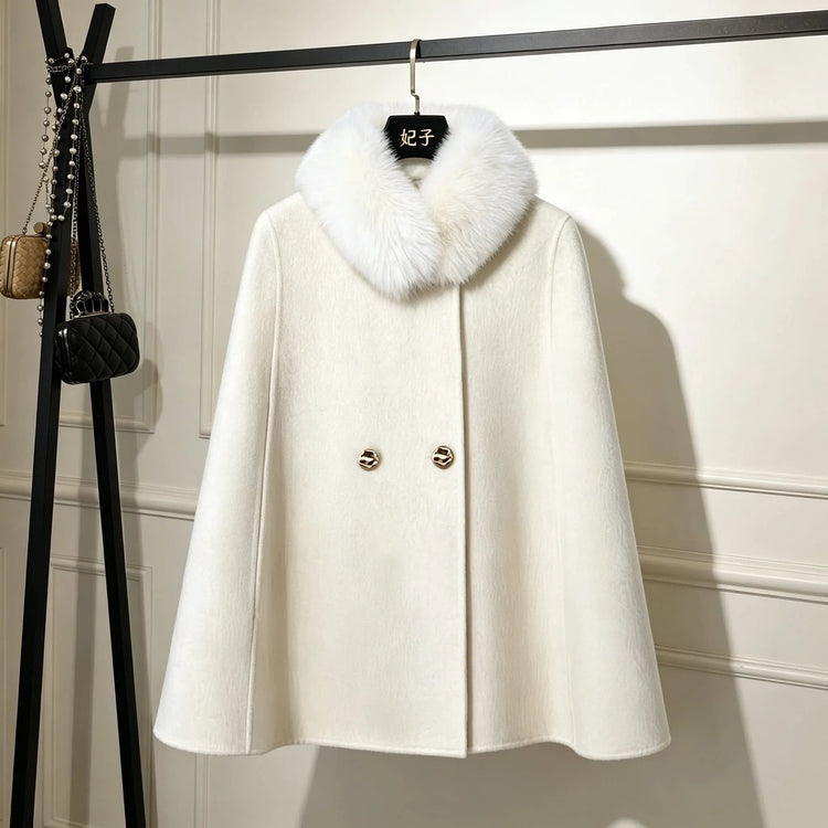 Korean Elegant Fashion Celebrity Woolen Cape Coats Women's Autumn Winter Plush Collar Double-breasted Versatile Wool Jacket Coat