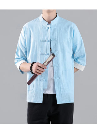 Camicie in Stile Cinese per Uomo, Top Tradizionale Tang in Lino a Mezza Manica, Camicia Kung Fu Hanfu Vintage Casual, Taglie Grandi fino a 5XL