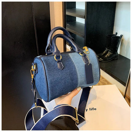 Patchwork Colorblock Mini Handbags For Women Denim Shoulder Cross Body Bags Casual Street Small Boston Bag 2025 Designer Purses PlatiNum