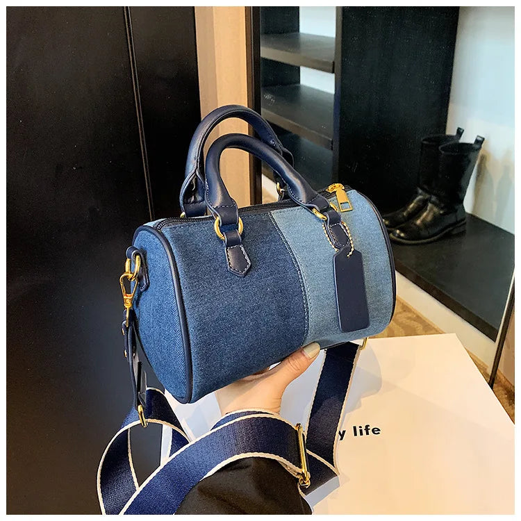 Patchwork Colorblock Mini Handbags For Women Denim Shoulder Cross Body Bags Casual Street Small Boston Bag 2025 Designer Purses PlatiNum