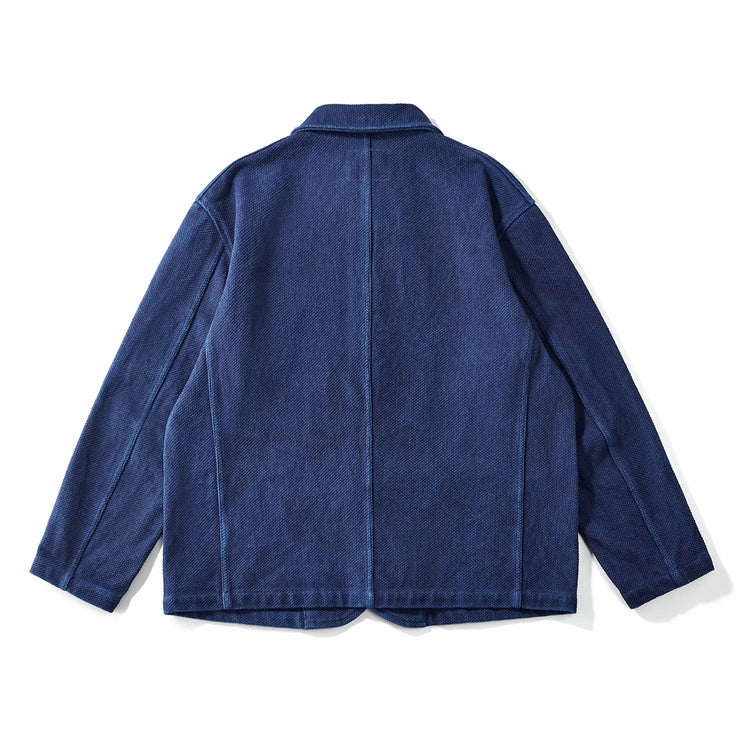Indigo Blue Dyed Suit Jacket Heavy Sashiko Casual Japanese Retro Washed Coat Jacket