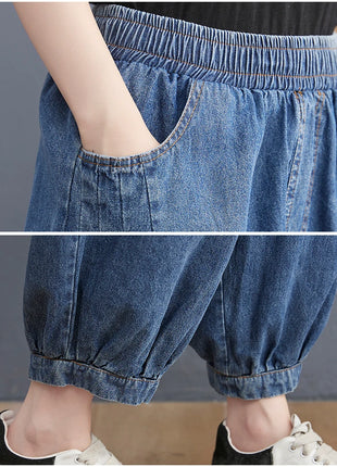 Jeans Vintage tinta unita da donna moda estiva pantaloni larghi in Denim elasticizzato in vita femminile pantaloni Harem alla caviglia stile giapponese