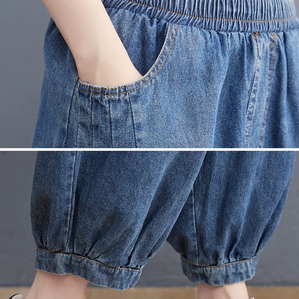 Jeans Vintage tinta unita da donna moda estiva pantaloni larghi in Denim elasticizzato in vita femminile pantaloni Harem alla caviglia stile giapponese