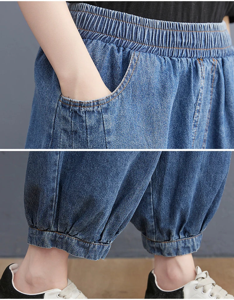 Jeans Vintage tinta unita da donna moda estiva pantaloni larghi in Denim elasticizzato in vita femminile pantaloni Harem alla caviglia stile giapponese