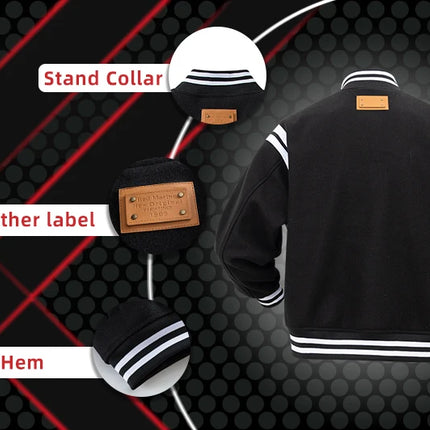 Men's Casual Letterman Jacket Varsity Baseball Coat Vintage Racing Style Streetwear Outerwear with Fine M Letter Embroidery