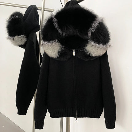 OFTBUY Real Fox Fur Kintwear Women New Spring Autumn Hooded Sweater Female Loose Zipper Kintted Jacket Oversized Cardigan