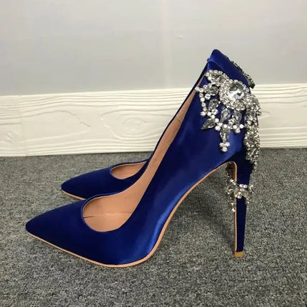GlitterTwine Diamanti Fiore Tacco alto Décolleté blu royal Tacco alto in cristallo Party Donna Strass Décolleté in seta blu Scarpe da sposa