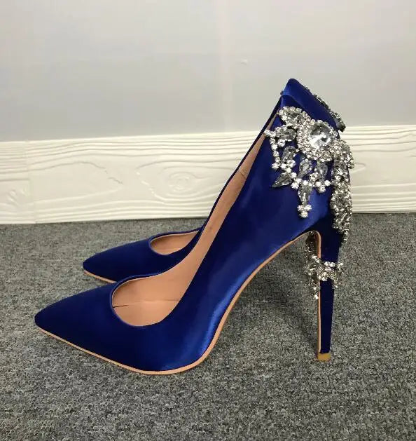 GlitterTwine Diamanti Fiore Tacco alto Décolleté blu royal Tacco alto in cristallo Party Donna Strass Décolleté in seta blu Scarpe da sposa