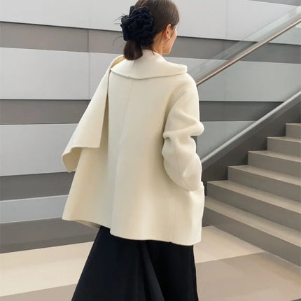 Scarf Collar 100%Wool Coat Women, Korean Fashion Elegant Outerwear, Loose Autumn Winter Jacket