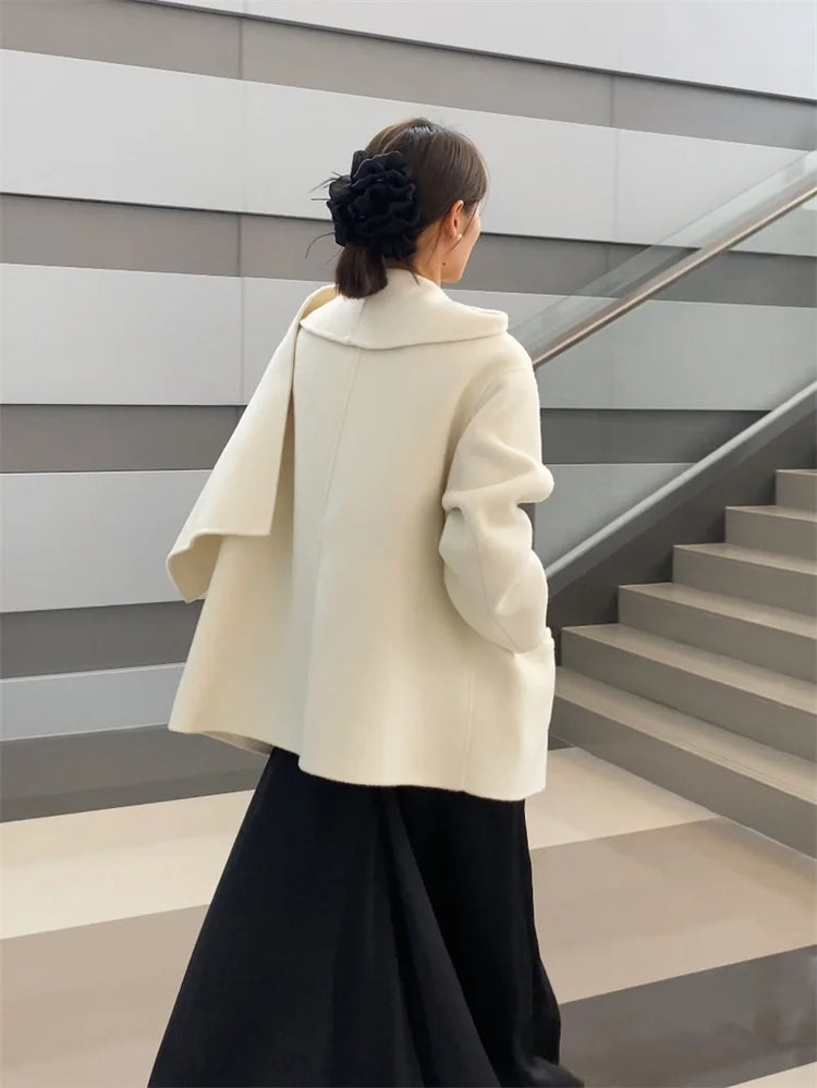 Scarf Collar 100%Wool Coat Women, Korean Fashion Elegant Outerwear, Loose Autumn Winter Jacket