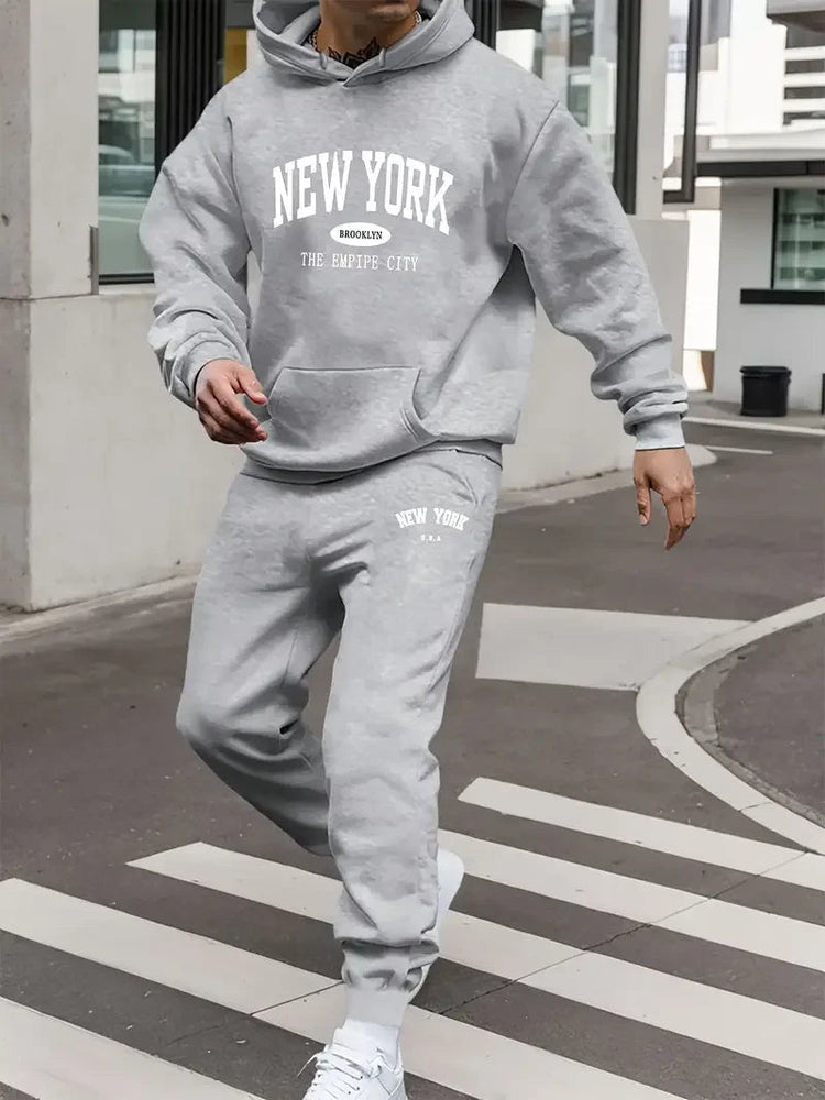 Men's Velvet Thickened Sports Set New York Letter Printed Spring and Autumn Hoodie Set Long Sleeve Casual Comfortable Pocket Hoo PlatiNum
