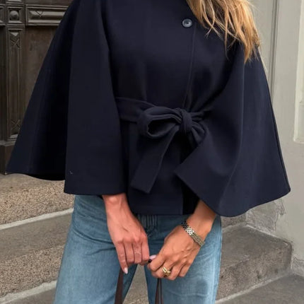 Elegant Women's Belt Short Woolen Coats Loose Stand Collar Single-breasted Long Sleeve Jacket 2026 Autumn Lady Commute Outwear