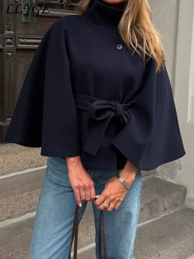 Elegant Women's Belt Short Woolen Coats Loose Stand Collar Single-breasted Long Sleeve Jacket 2026 Autumn Lady Commute Outwear