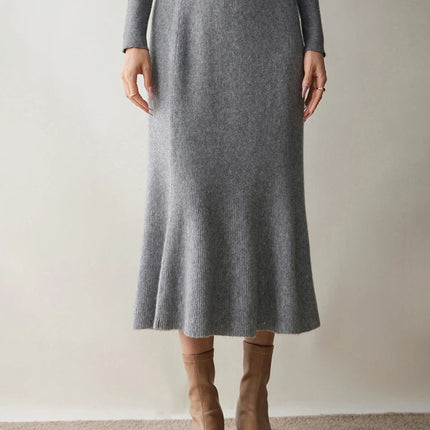 Autumn Winter Women New 100% Cashmere Fishtail Skirt  Mid Length Slimming High Waisted Knitted Umbrella Skirt Elegant Dress PlatiNum